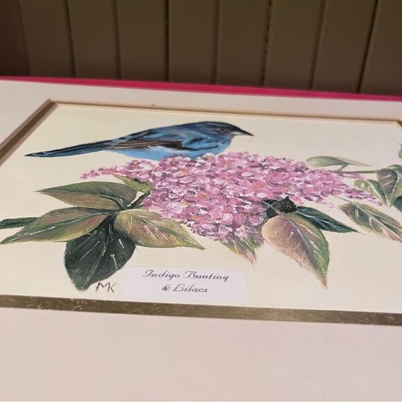 Hand Painted Indigo Bunting & Lilacs Matted Print - Picture 3 of 6